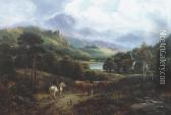 ````at Tarbert Loch Lomond' 
Highland Landscape With Mounted Drover Cattle And Farmstead, Signed Oil 
On Canvas Oil Painting - William Langley