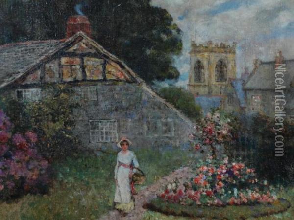 A Village Scene With A Lady Passing A Flower Border Cottages And Church Tower Beyond Oil Painting - David Woodlock