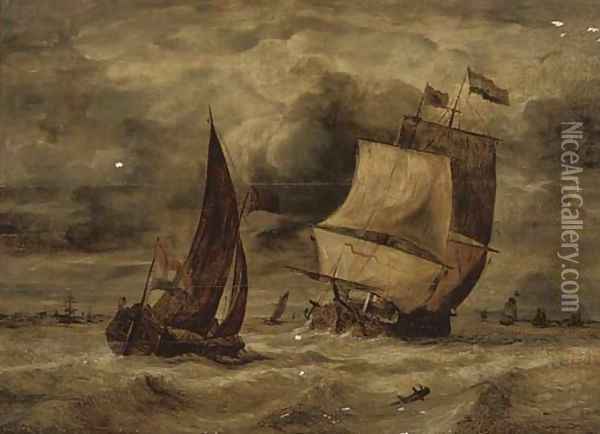 A Dutch man-of-war and other shipping in a stormy sea Oil Painting - Dutch School