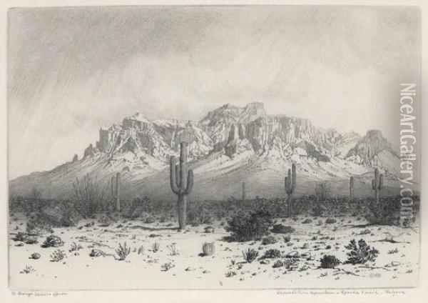Superstition Mountain, Apache Trail, Arizona Oil Painting - George Elbert Burr