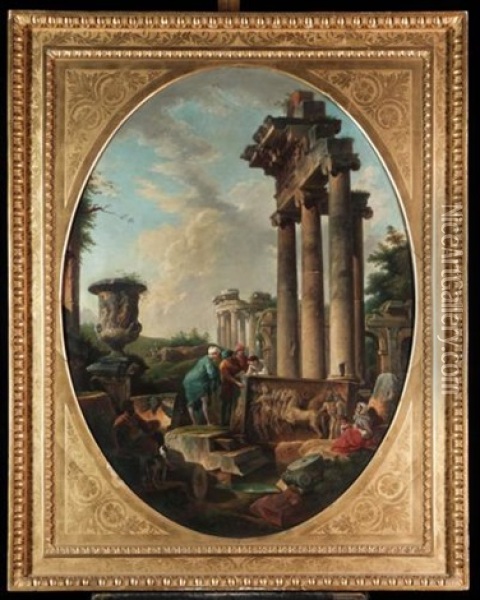 A Capriccio Of Roman Ruins With The Borghese Vase And Figures Oil Painting - Giovanni Paolo Panini