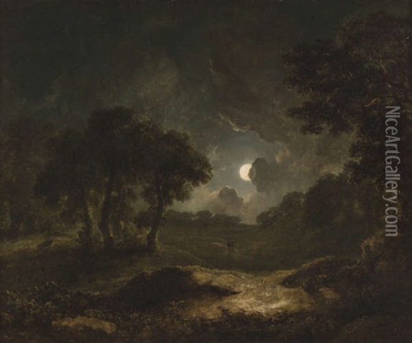 Two Figures In A Moonlit Landscape Oil Painting - James Arthur O'Connor