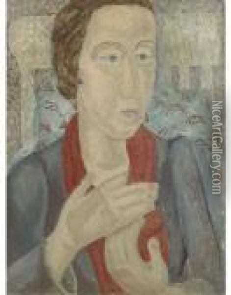 Portrait Of A Lady With A Red Scarf Oil Painting - Jessica Dismorr