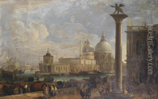A View Of The Molo And Piazzetta, Venice, Looking Towards Santa Maria Della Salute And The Dogana Oil Painting - Luca Carlevarijs