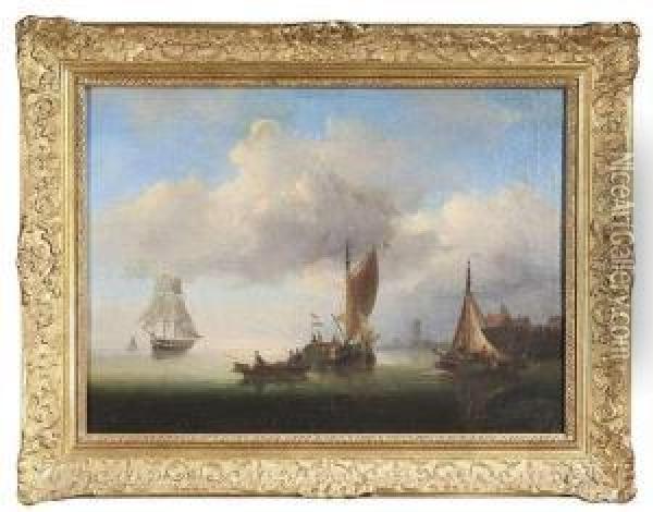 Coast Areawith Sailing Ships At Evening Light Oil Painting - Govert Van Emmerik