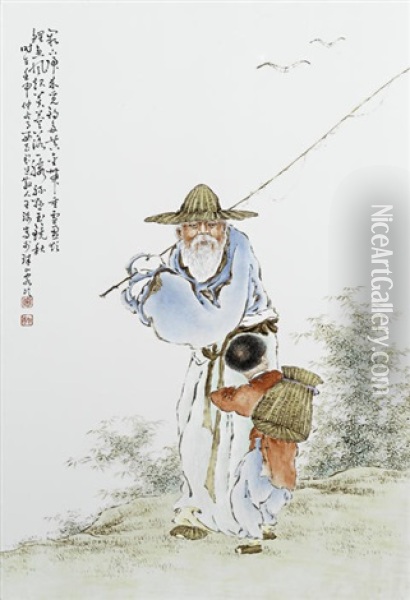 Untitled (elderly Fisherman Holding A Long Rod Over His Shoulder) Oil Painting -  Wang Qi