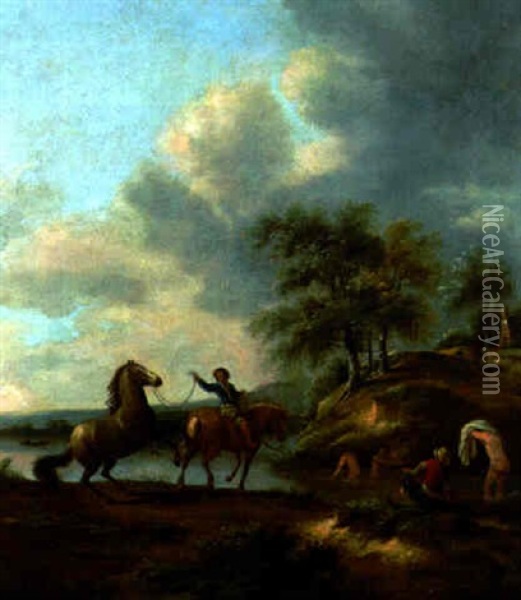 A Landscape With Bathers At A River And A Rider Leading A Horse On A Bank Oil Painting - Nicolaes Molenaer