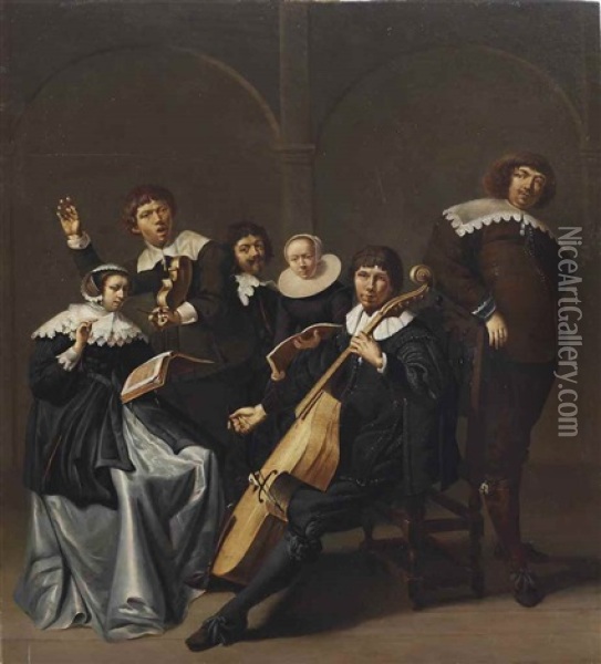 A Group Portrait, Probably Of A Family, Making Music In An Interior Oil Painting - Jacob Duck