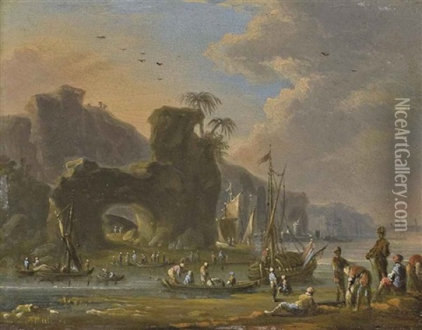 Scenes De Dechargement De Bateaux Au Soleil Couchant (pair) Oil Painting - Johann Alexander Thiele