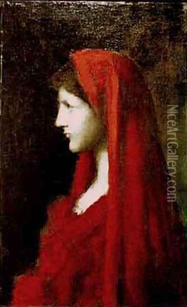 Head of a Woman with a Red Shawl Oil Painting - Jean-Jacques Henner