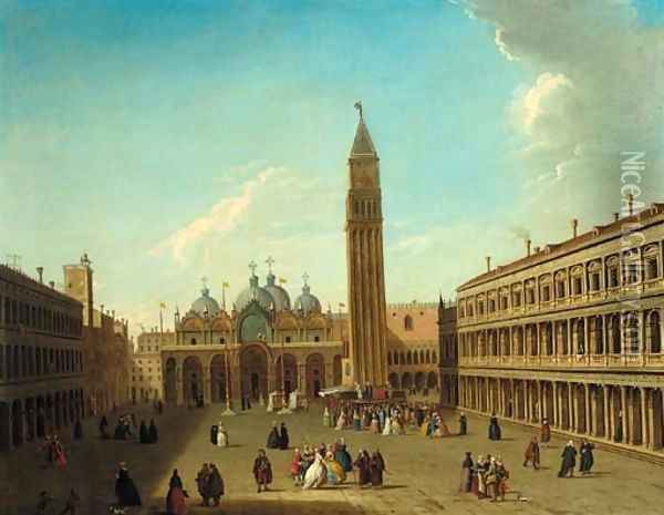 The Piazza San Marco, Venice, looking east, with a performance of the Commedia dell'Arte beneath the Campanile Oil Painting - Antonio Joli
