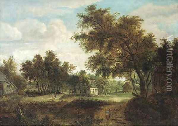 A wooded village landscape with peasants on a track Oil Painting - Meindert Hobbema