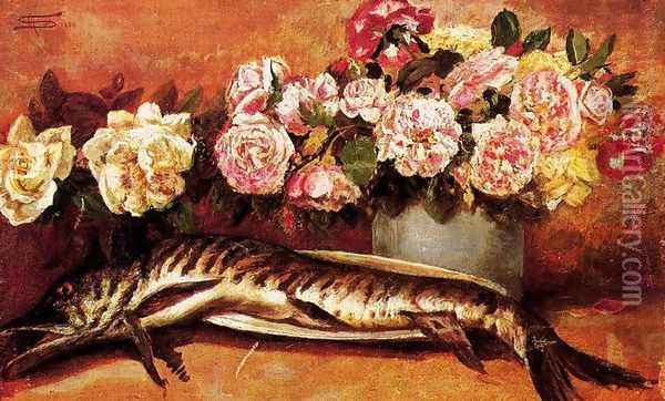 Still life with flowers and fish Oil Painting - Giovanni Segantini