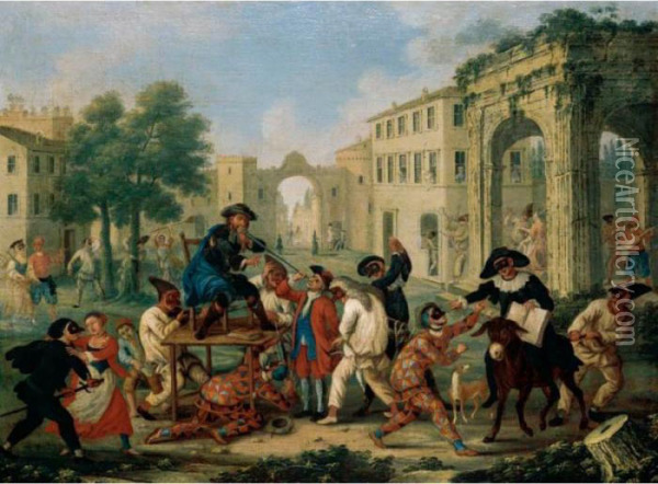 A Carnival Scene With Figures In Masquerade Dress Riding A Donkey In A Street Oil Painting - Marco Marcola