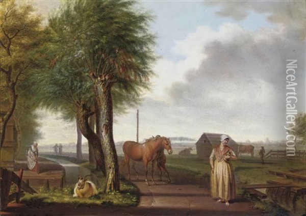 Daily Activities On The Outskirt Of A Dutch Town Oil Painting - Johannes Zacharias Simon Prey