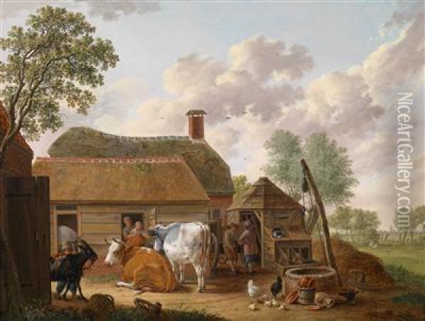 A Farmyard Oil Painting - Hendrick Willelm Schweickhardt