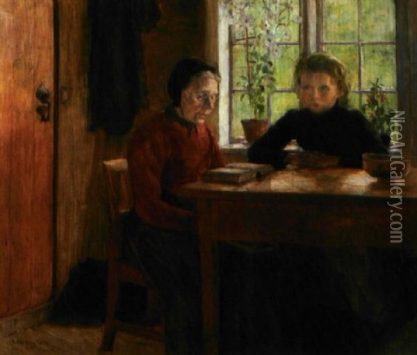 Interior Med Lesende Kvinne Og Pike Oil Painting - Helga Marie Ring Reusch