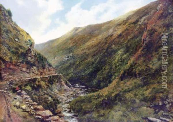 A Mountain Stream With A Shepherd And His Flock On A Path Oil Painting - Frederick Waters Watts