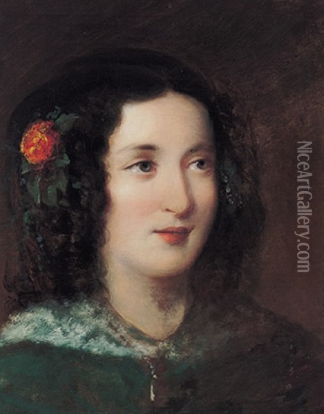 Biedermeier-portrait Eines Madchens Mit Dunklem Haar Und Grunem Umhang Oil Painting - Franz Schrotzberg
