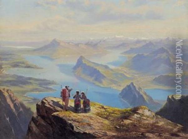 Sicht Vom Pilatus Auf Den Vierwaldstattersee. Oil Painting - Heinrich Fischer