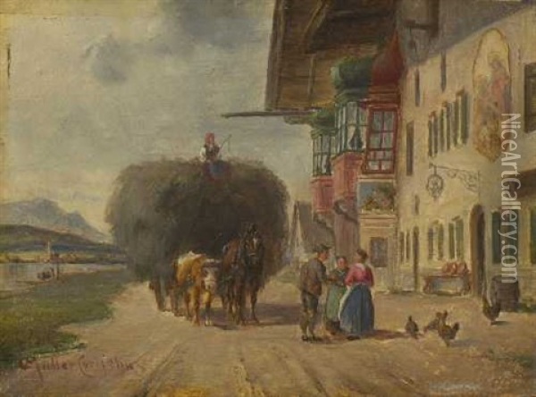 Heuwagen Vor Der Dorfwirtschaft Oil Painting - Ludwig Mueller-Cornelius