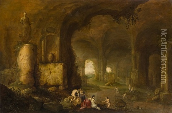 Badende Nymphen In Einer Felsgrotte Oil Painting - Abraham van Cuylenborch