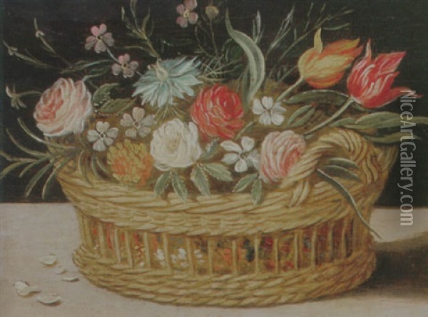 Still Life Of Roses, Tulips, Chyrsanthemums And Cornflowers, In A Wicker Basket, Upon A Ledge Oil Painting - Jan van Kessel the Elder