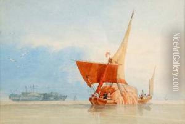 Barges On Themedway Oil Painting - Miles Edmund Cotman
