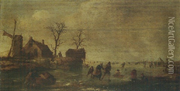 A Winter Landscape With Skaters And Other Figures On A Frozen River Beside A Windmill And Cottages Oil Painting - Nicolaes Molenaer