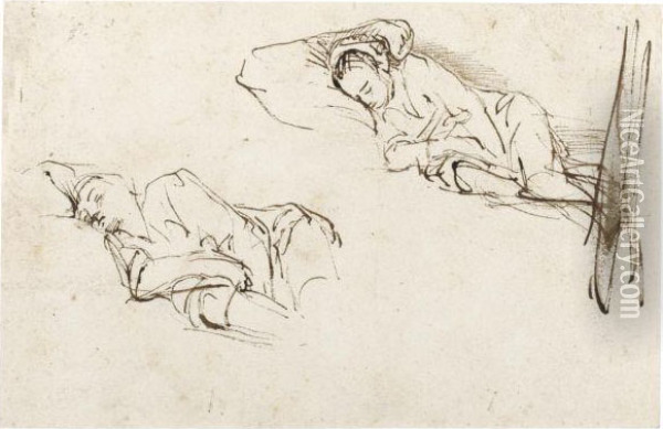 Two Studies Of A Woman Asleep On A Pillow Oil Painting - Rembrandt Van Rijn