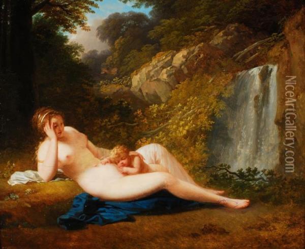 Venus Und Amor Vor Wasserfall Oil Painting - Jacques Antoine Vallin