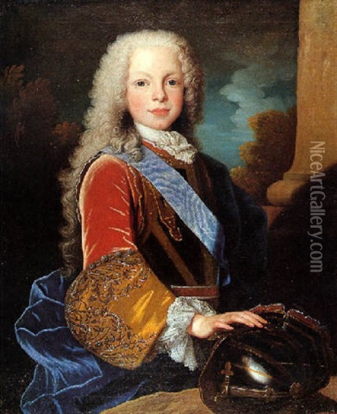 Portrait De Ferdinand Vi En Prince Des Asturies, La Main Sur Un Casque A Fleur De Lys Oil Painting - Jean Ranc