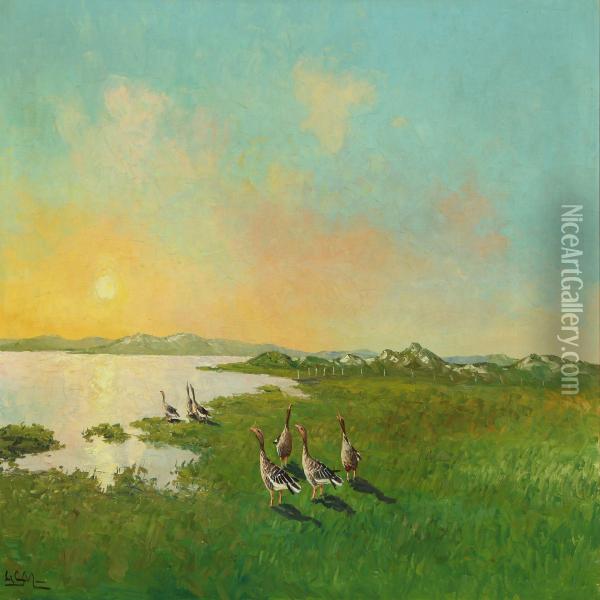Coast Senery With Geese In The Field Oil Painting - Leo Christian Moller