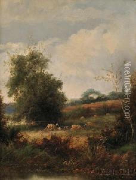 Landscape With Peasants At Harvest Oil Painting - Leon Germain Pelouse