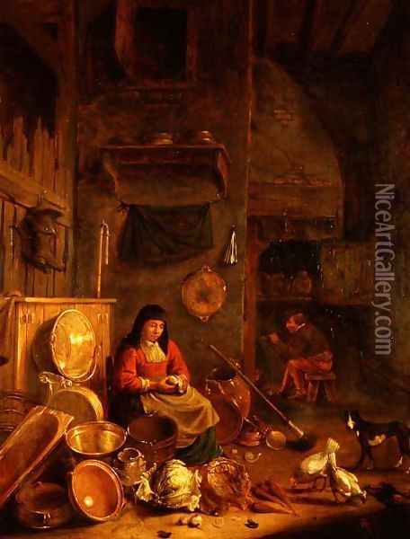 A Kitchen Interior with a Woman Peeling Potatoes beside a Dog, a Man Smoking in front of a Fire beyond Oil Painting - Hendrick Maertensz. Sorch (see Sorgh)
