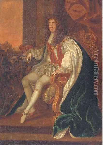 Portrait of King Charles II (1630-1685), small full-length, in coronation robes Oil Painting - Sir Peter Lely
