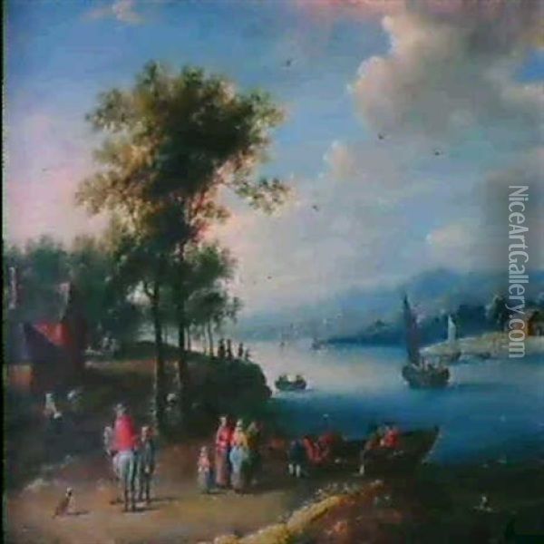 Bewaldete Flusslandschaft Mit Reisenden Und Booten. Oil Painting - Balthasar Beschey