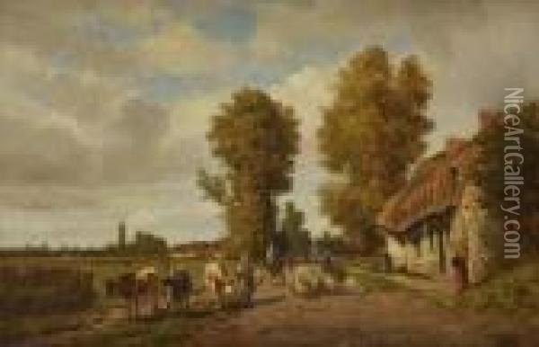 Vaches Etbrebis Devant La Chaumiere Oil Painting - Emile Rene Menard