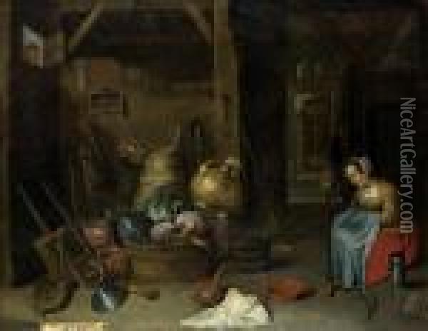 D. J. - Umkreis: Bauerliches Inter Oil Painting - David The Younger Teniers