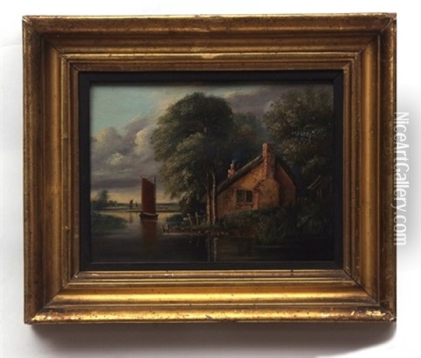 View On The Broads With Wherry Passing A Cottage Oil Painting - Alfred Stannard