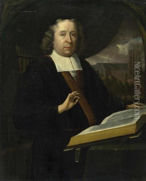 Portrait Eines Gelehrten Mit Buch, Im Hintergrund Die Groote Kerk Von Dordrecht. Oil Painting - Godfried Schalcken