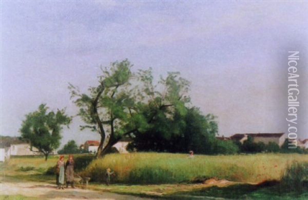 Dorflandschaft Mit Spaziergangern Oil Painting - Eugene Antoine Samuel Lavieille