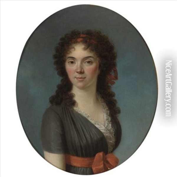 Portrait Of A Young Lady, Half Length, Wearing A Blue Dress And A Red Hairband Oil Painting - Marie-Victoire Lemoine
