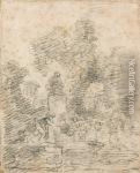Paysage Anime Avec Lavandieres A La Fontaine Oil Painting - Jean-Honore Fragonard