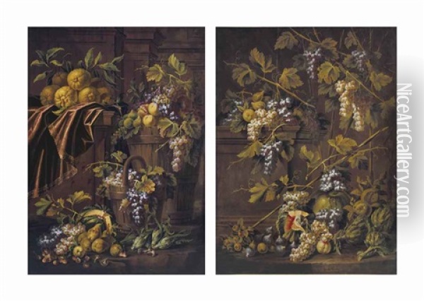 Natures Mortes Avec Raisins Et Fruits (pair) Oil Painting - Carlo Manieri