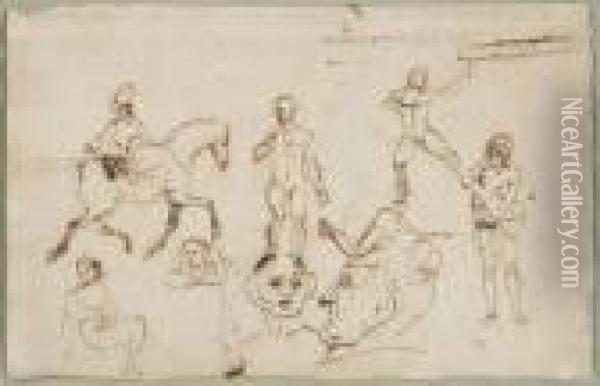 Feuille D'etude : Cavalier Oriental Et Personnages Oil Painting - Eugene Delacroix