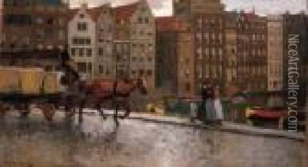 A Working Horse Pulling A Loaded
 Wagon On The Prins Hendrikkade,amsterdam, With The Damrak Beyond Oil Painting - George Hendrik Breitner
