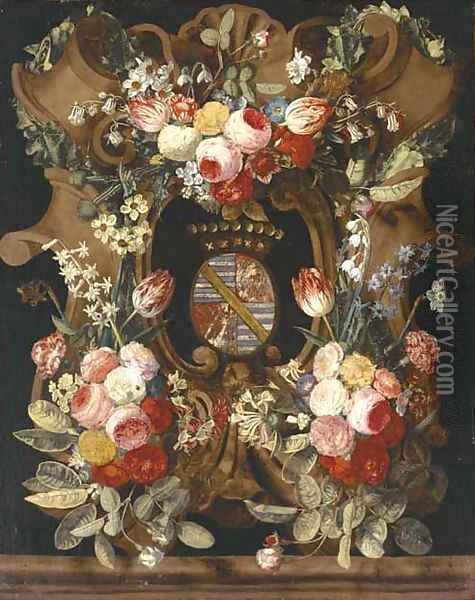 A garland of roses, carnations, snowdrops, honeysuckle, morning glory and other flowers around a stone cartouche with a coat-of-arms Oil Painting - Frans Luyckx