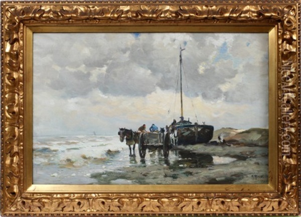The Stranded Herring Boat Oil Painting - Mathias Joseph Alten