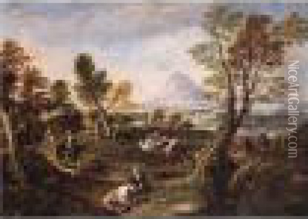 An Extensive River Landscape With An Ambush Oil Painting - Antonio Maria Marini